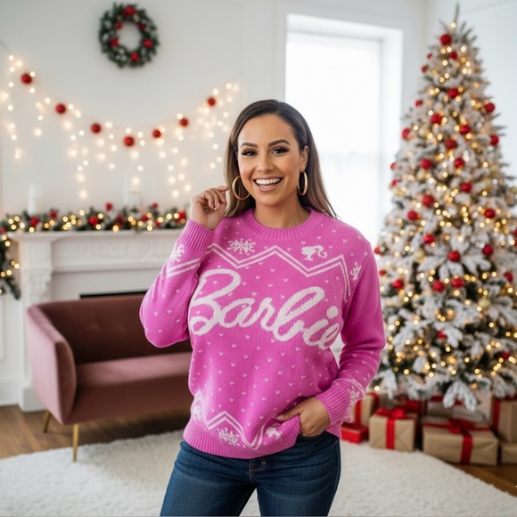 Official Pink Barbie 💅💖 Fall Winter Christmas Holiday Mattel Sweater S M XL NEW - Picture 3 of 8